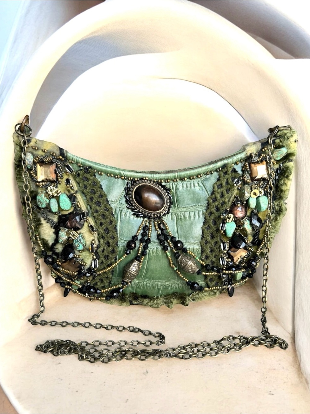 🆕 Mary Frances Beaded Aligator Leather Fur Crossbody Shoulder Bag Collectible